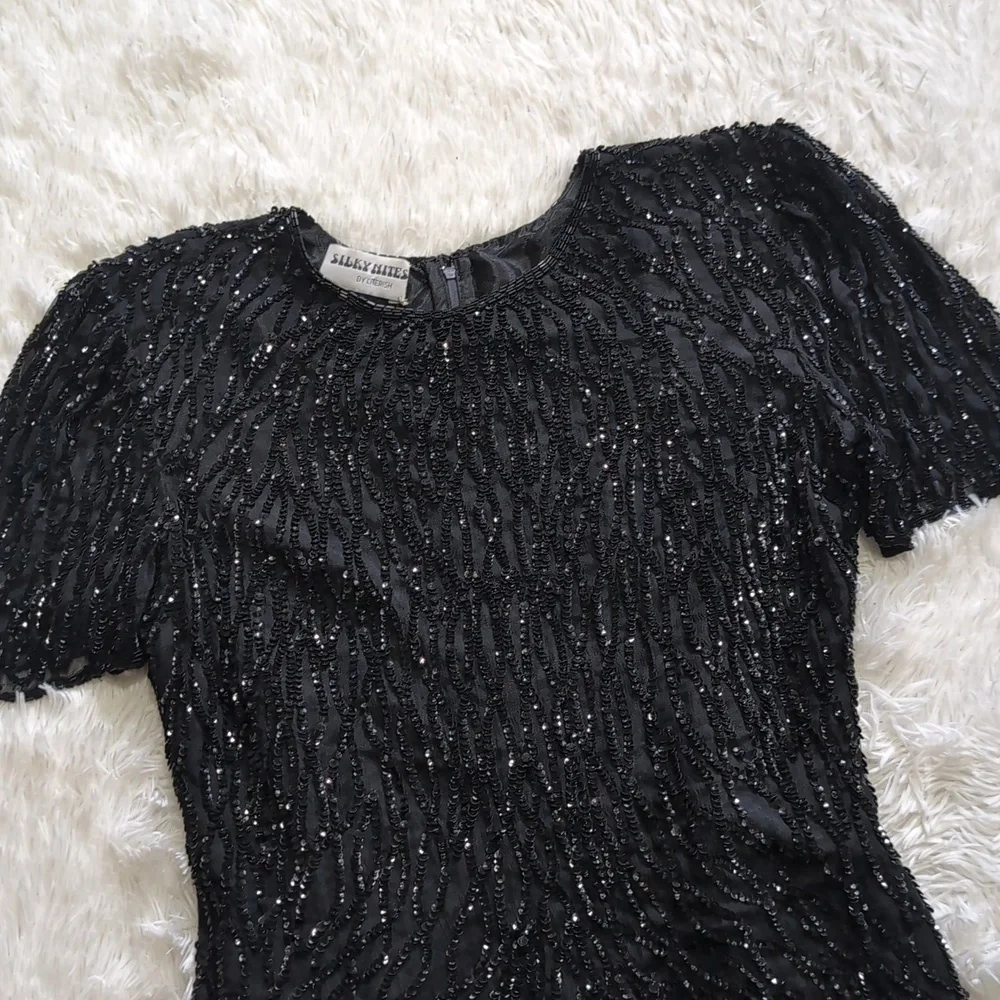 80s Vintage Silky Nites by Cherish Black Sequin & Beaded Cocktail Dress - Picture 2 of 15